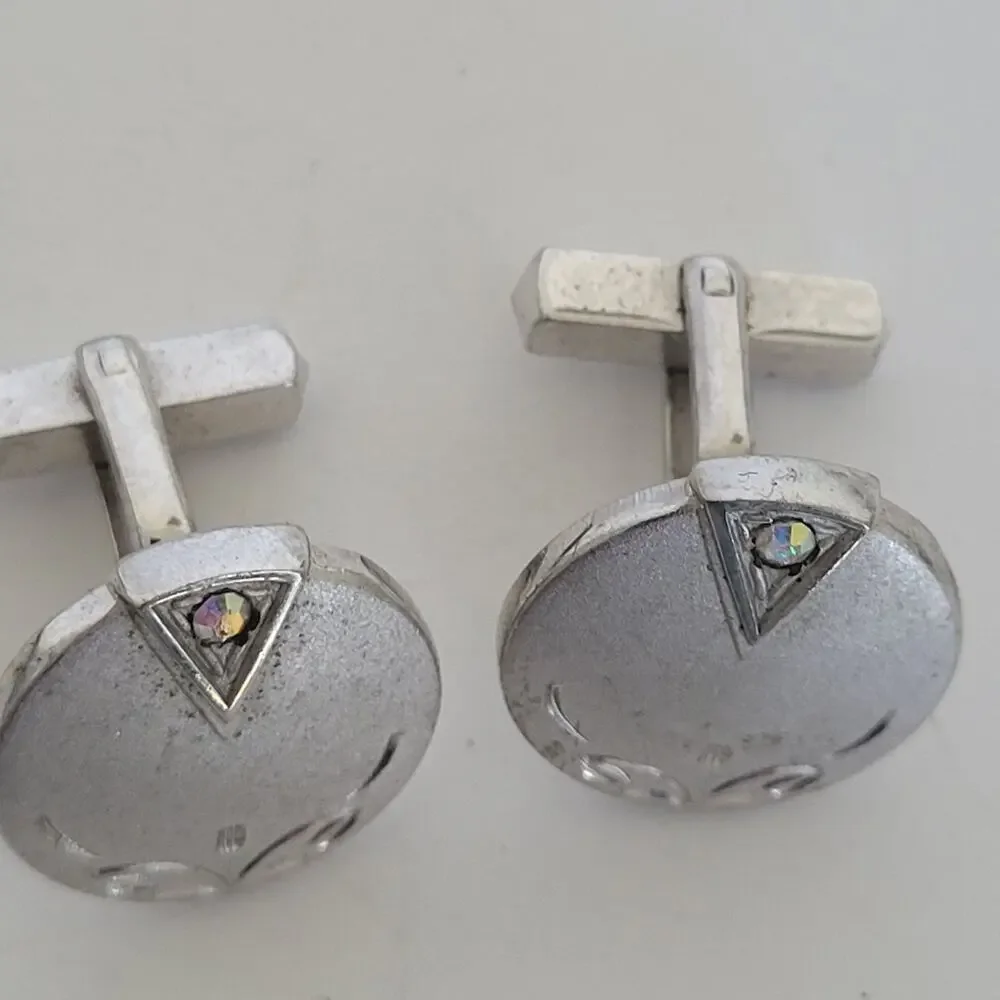 Silver Tone Cufflinks Vintage Round Retro Art Deco Circonia‎ Unbranded Quality